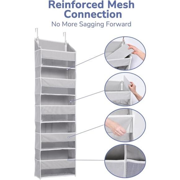 Over Door Organizer Hanging Storage 5 Large Pockets 10 Mesh Side Pockets Grey - Picture 6 of 8